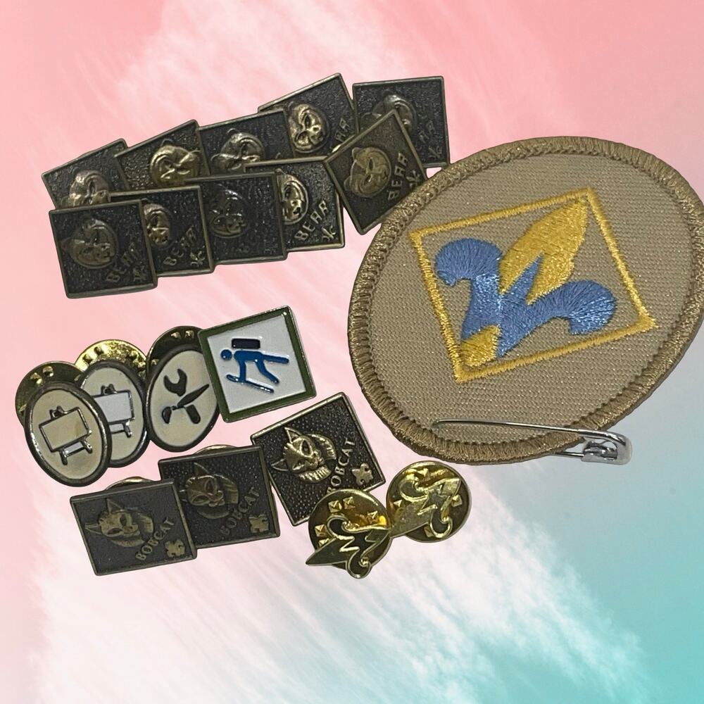 BSA Cub Scout Webelos Colors Patch & 19pc Pin Lot Bear Bobcat Activity Vintage